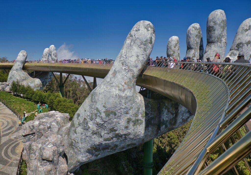 Ba Na Hills scenic tour view with Golden Bridge and mountain landscape in Vietnam