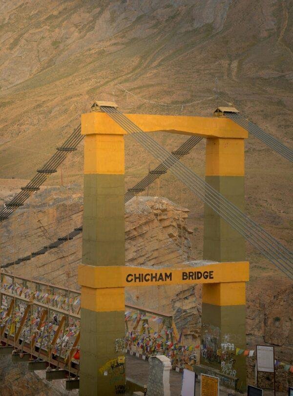 Chicham Bridge high‑altitude suspension bridge over deep gorge in Spiti Valley India