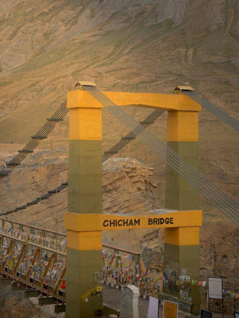 Chicham Bridge high‑altitude suspension bridge over deep gorge in Spiti Valley India