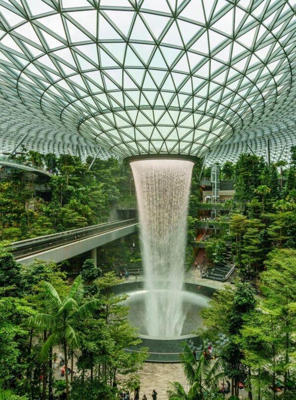 Cloud Forest indoor waterfall and lush tropical plants at Gardens by the Bay, Singapore