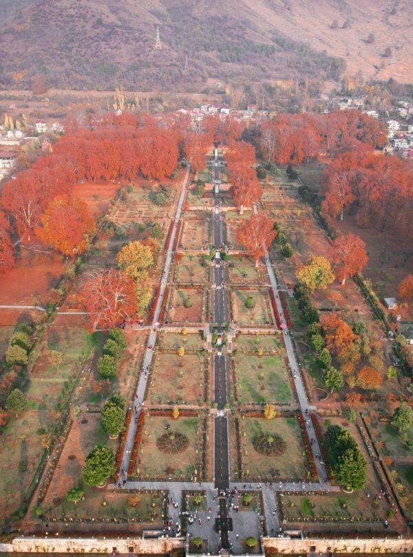 Nishat Garden terraced Mughal garden with fountains and lush greenery in Srinagar, Kashmir, India