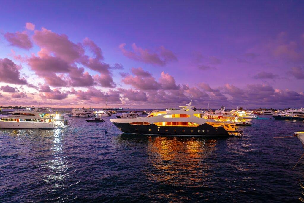 Sunset dolphin cruise in the Maldives with ocean horizon and glowing sky