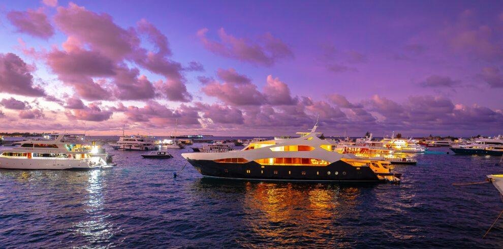 Sunset dolphin cruise in the Maldives with ocean horizon and glowing sky