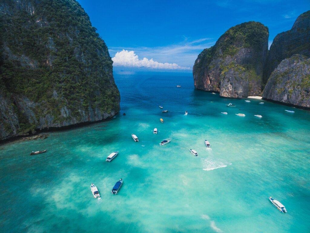 Scenic view of Maya Bay and limestone cliffs at Phi Phi Islands Thailand