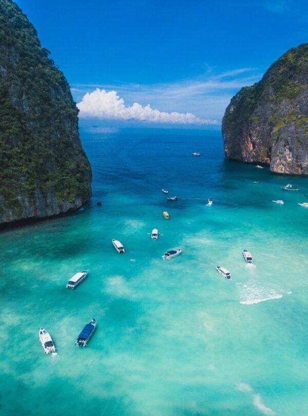 Scenic view of Maya Bay and limestone cliffs at Phi Phi Islands Thailand