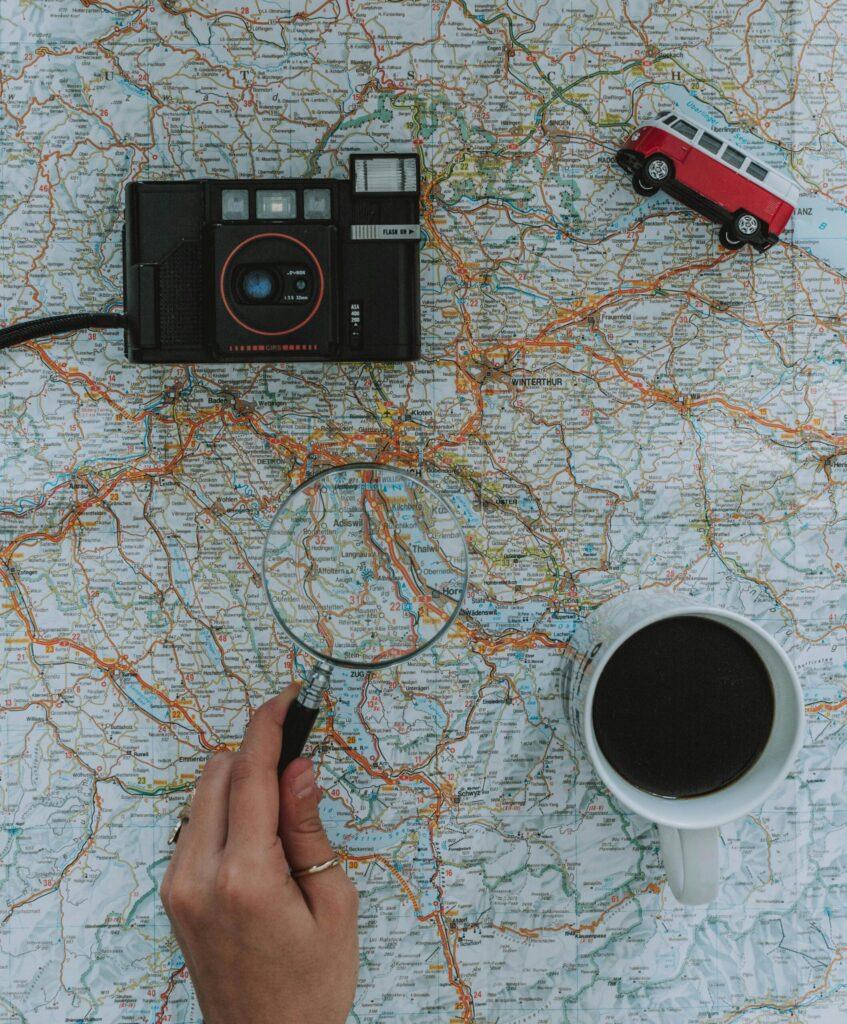 Travel planning concept with map and itinerary icons for trip planning