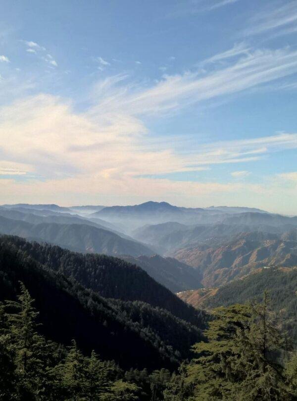 Scenic mountain view from The Ridge, Shimla hill station in Himachal Pradesh, India