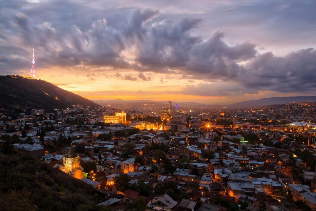 Hilltop view of Sighnaghi, the romantic “City of Love” in Kakheti, Georgia with cobblestone streets and pastel houses overlooking Alazani Valley